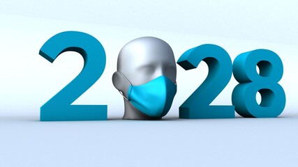 3D illustration of 2028 with face mask