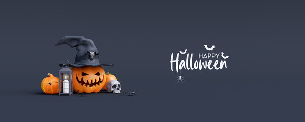 Halloween Pumpkins greeting card on black background 3D Render 3D illustration