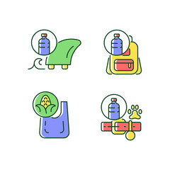 Products from recycled plastics RGB color icons set. Eco-friendly surfer. Sustainable backpack, dog collar. Ethical production. Isolated vector illustrations. Simple filled line drawings collection