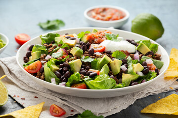 Beef Taco salad with romaine lettuce, avocado, tomato salsa, black bean and tortilla chips. Mexican healthy food
