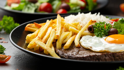 Portugal dish Bitoque made from beef steak with a fried egg, rice, french fries and vegetables