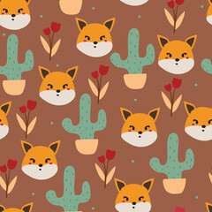 Seamless pattern with cute cartoon fox for fabric print, textile, gift wrapping paper. colorful vector for textile, flat style