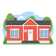 Red house in flat style. Real estate business concept. Vector suburban house isolated on white background.