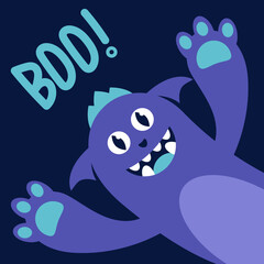 Happy Halloween. Boo text. Eyes, teeth fang, hands up.Cute cartoon kawaii baby character. Flat design. Color background. Vector