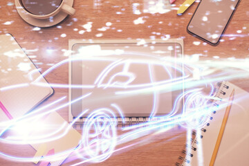 Multi exposure of auto technology theme drawing over table with phone. Top view. Concept of automatic pilot.