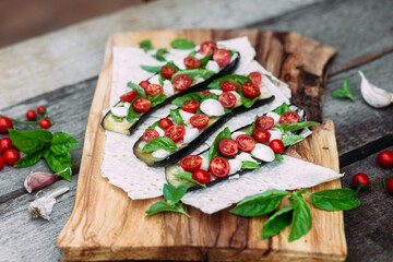 Eggplant, tomato, mozzarella and basil appetizer
