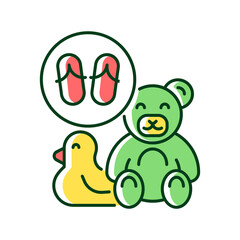 Toys made from flip flops RGB color icon. Sustainable handmade animal toys. Recycling broken rubber flip-flops. Reducing environmental threat. Isolated vector illustration. Simple filled line drawing