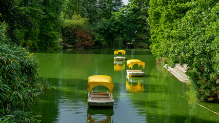 Gondolas at Luisenpark, Mannheim. Gondola boats at the Kutzerweiher in Luisenpark. Vertical