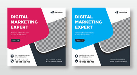 digital marketing agency and business Set of clean editable social media post templates with blue and magenta. Modern business banner graphics for online advert or facebook and Instagram