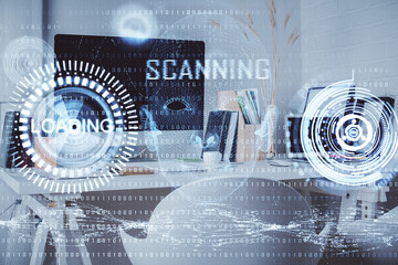 Double exposure of data theme drawing and office interior background. Concept of technology.