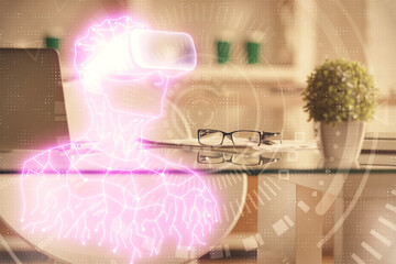 Double exposure of man in VR glasses drawing and office interior background. Concept of AR.