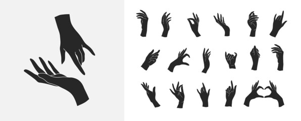 Set of Vector female beauty hands silhouette. Editable outline stroke size. Line flat contour, thin and linear design. Simple icons. Concept illustration.