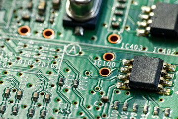 Selective Focus, macro photography, extreme close-up of an integrated electronic circuit, microchip on board. - 456700521