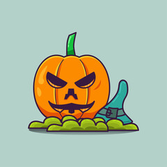 Simple Cute Pumpkin Beside Witch Hat On Grass Illustration