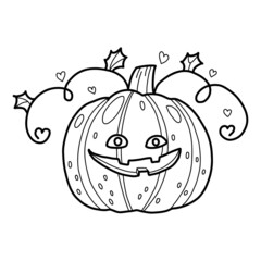 Doodle funny halloveen pumpkin character vector cartoon. Coloring book page for children and adult. Isolated hand drawn art.