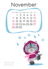 Calendar of 2021 year, November with cute gray kitty, cat in purple raincoat, coat, boots with falling snow, numbers isolated on white. Vector illustration for postcard, banner, web, design, arts.