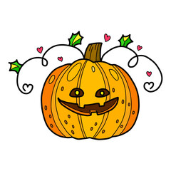 Pumpkin sticker for halloween decoration. Vector cute cartoon clipart isolated on white. Orange funny pumpkin character.