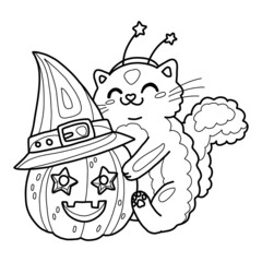 Halloween hugs coloring book page for children with doodle. Cat and pumkin in witch hat together. Vector outline illustration isolated on white.