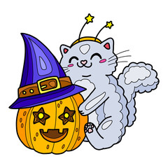 Halloween hugs. Cat and pumkin in halloween costumes. Vector cute cartoon characters for halloween print, sticker, decor. Isolated clipart.