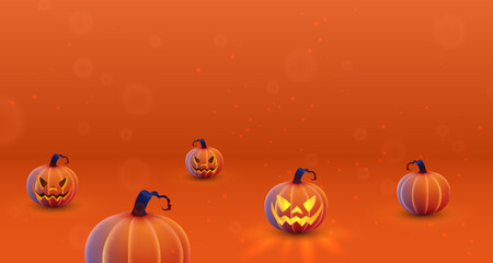 Happy Halloween card, banner  with luminous, luminescent orange pmpkin with soft touch feeling with spooky smile, face and bokeh. Ginger background. Vector illustration. 