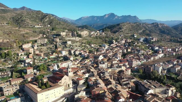 top view of landscape with buildings and mountains in Berga in Spain