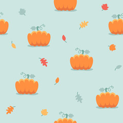 Seamless pattern with ginger, red, orange pumpkin and autumn leaves isolated on green background. Vector illustration, print for packaging, fabrics, wallpapers, textiles.