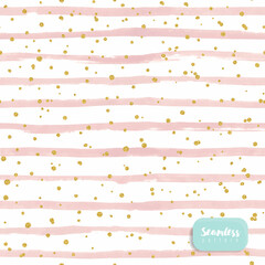 Seamless vector background with hand drawn watercolor stripes, pattern whith gold glitter dots