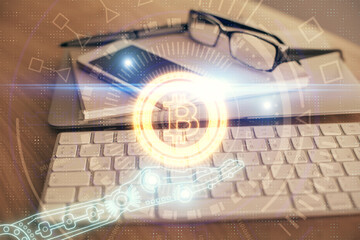 Double exposure of blockchain theme drawing and cell phone background. Concept of cryptomarket