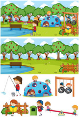 Park scene set with many kids doodle cartoon character isolated