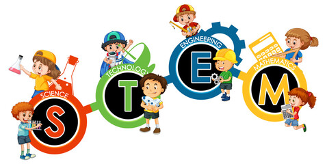 STEM education logo with many children cartoon character © GraphicsRF