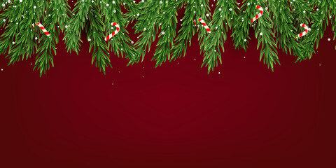 Festive red background.Christmas border with fir branches, sweets and falling snow. New Year card, banner, invitation, poster, poster, for web design.