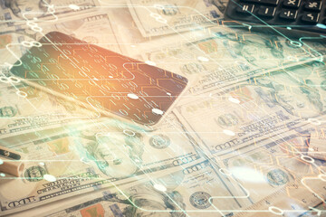 Double exposure of data theme drawing over us dollars bill background. Technology concept.