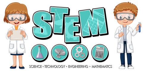 STEM education logo with scientist kids cartoon character