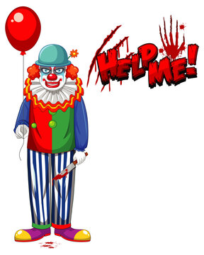 Creepy clown holding balloon on white background