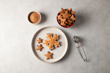 Gingerbread cookies on the plate. Snowflake