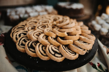 Closeup of the plate of the Swiss rolls with chocolate cream.