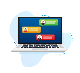 Laptop with customer review rating messages, laptop display and online reviews or client testimonials, concept of experience or feedback. Vector illustration.