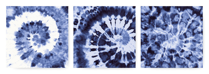 Indigo Tie Dye Spiral. Hippie Shirt Pattern. Circular Artistic Painting. Tie Dye Spiral in the Effect of the 60s. Cool