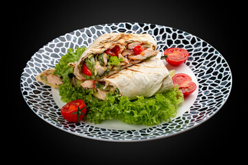 Fresh chicken roll with fresh tomatos, salad, cheese and onions. Shaurma, shawerma, fajita