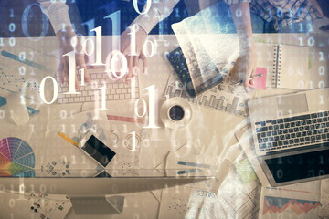 Double exposure of man and woman working together and data theme hologram drawing. Computer background. Top View.