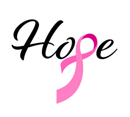Hope lettering design with pink ribbon. Breast Cancer Awareness Month. For poster, banner and t-shirt. Vector Illustration.