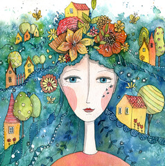 Portrait of Fairy of Spring and Summer with flowers, houses and trees. Hand drawn Watercolor illustration..