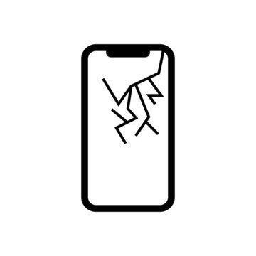 smartphone with a crack on the display. Mobile phone black icon. Flat design. Vector illustration