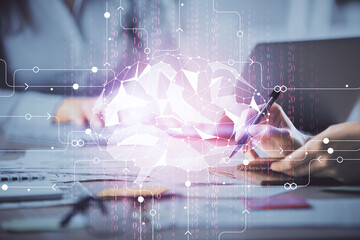 Multi exposure of woman hands working on computer and brain hologram drawing. Ai concept.