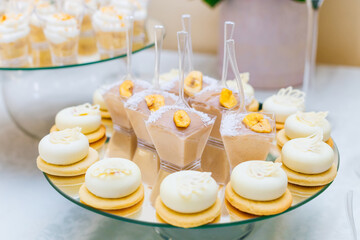 Candy bar and catering concept for birthday, wedding and other holiday celebrations. Beautiful desserts