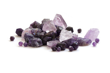 Amethyst minerals gemstones set. spa, relax concept. Healing stones for Crystal Ritual, spiritual practice. modern magic. Esoteric life balance concept