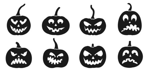 Obraz premium Halloween pumpkin icon set with cute faces. Scary, funny, happy and smile pumpkin face collection. Vector illustration.