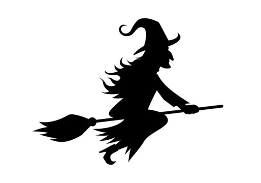Witch flying on a broom. Black silhouette. Halloween icon. Vector illustration.