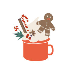 Vector cartoon illustration cup of cacao and cream, gingerbread man and cinnamon, licorice stick. Christmas holiday composition with mug of hot drink.