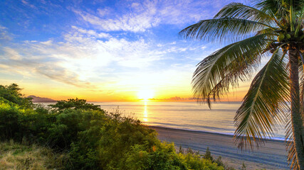 Tropical beach with palm tree at sunrise.